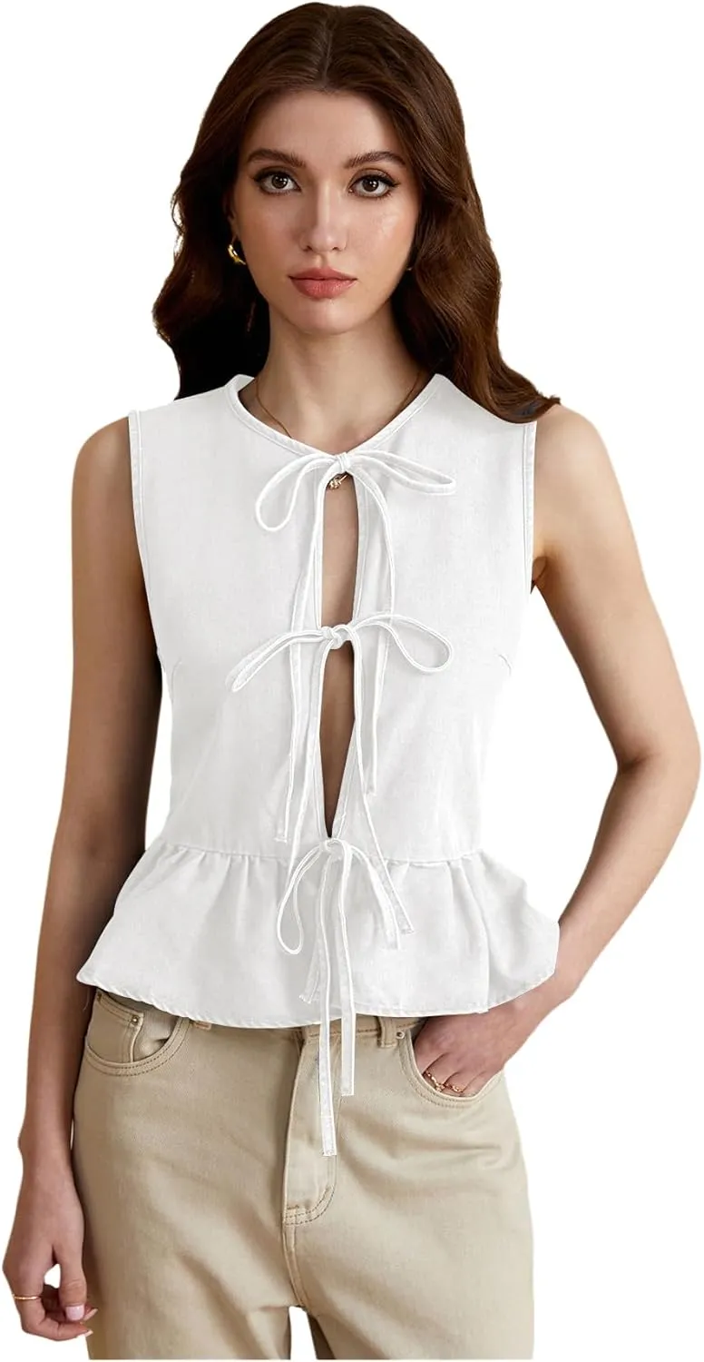 SHENHE Women's Y2k Tie Front Denim Vest V Neck Ruffle Hem Sleeveless Peplum Jean Top Shirt