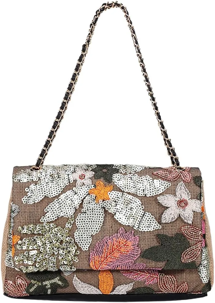 Shining Women Sequin Evening Clutch Summer Woven Shoulder Bag Floral Embroidery Handbag for Commuting Dating Party