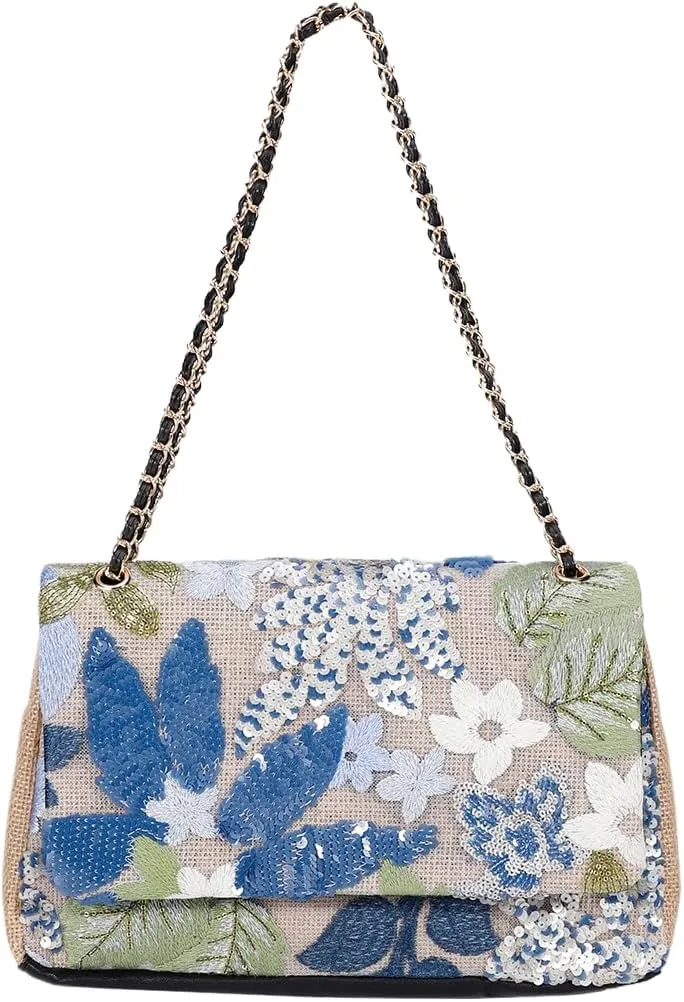 Shining Women Sequin Evening Clutch Summer Woven Shoulder Bag Floral Embroidery Handbag for Commuting Dating Party