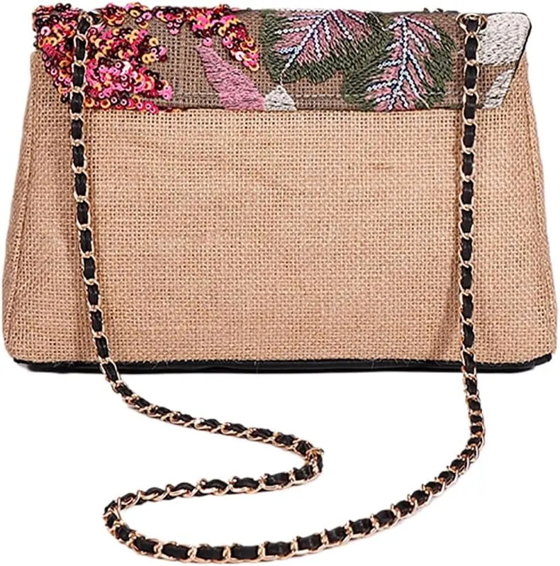 Shining Women Sequin Evening Clutch Summer Woven Shoulder Bag Floral Embroidery Handbag for Commuting Dating Party