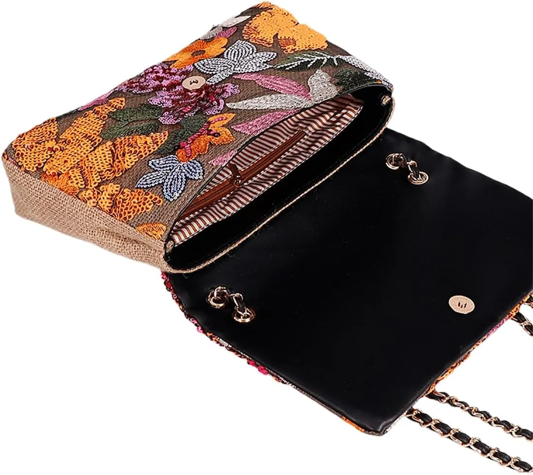 Shining Women Sequin Evening Clutch Summer Woven Shoulder Bag Floral Embroidery Handbag for Commuting Dating Party