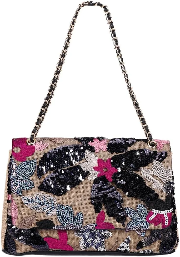 Shining Women Sequin Evening Clutch Summer Woven Shoulder Bag Floral Embroidery Handbag for Commuting Dating Party