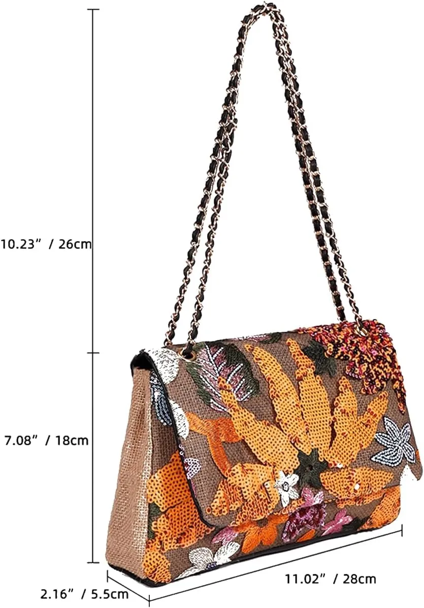 Shining Women Sequin Evening Clutch Summer Woven Shoulder Bag Floral Embroidery Handbag for Commuting Dating Party