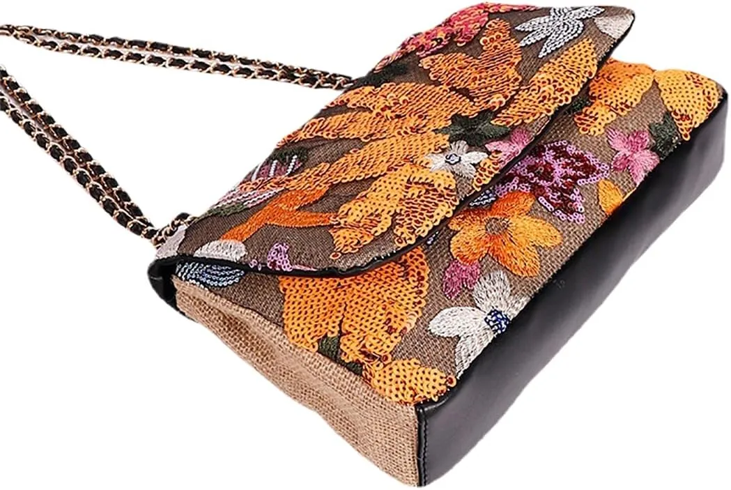 Shining Women Sequin Evening Clutch Summer Woven Shoulder Bag Floral Embroidery Handbag for Commuting Dating Party