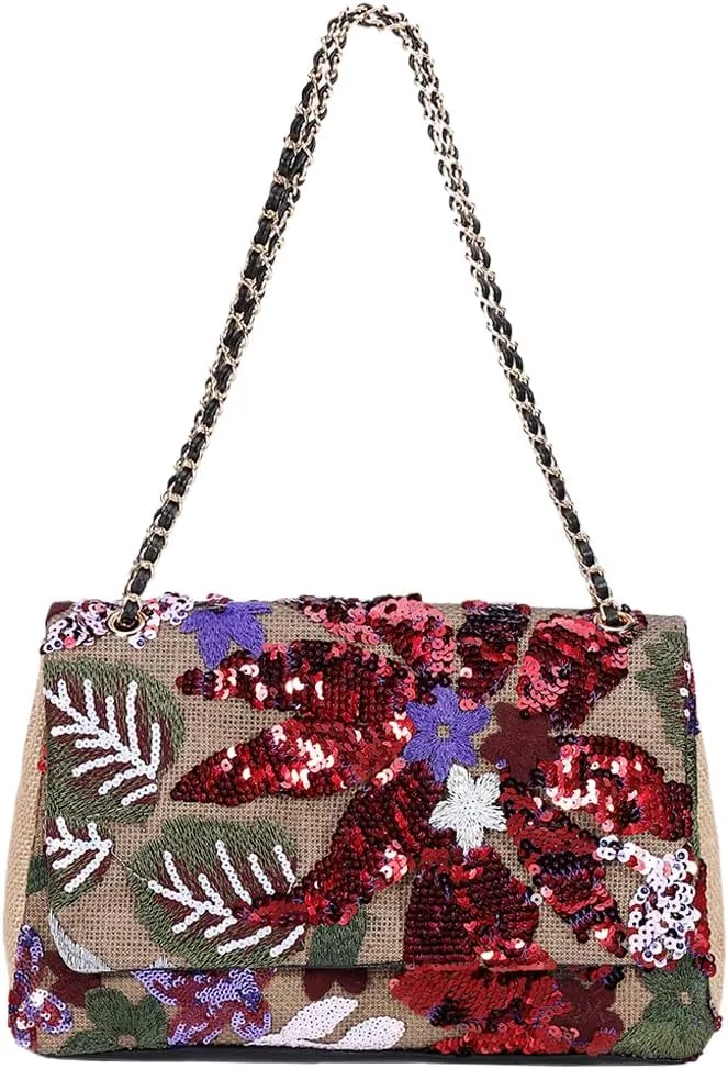 Shining Women Sequin Evening Clutch Summer Woven Shoulder Bag Floral Embroidery Handbag for Commuting Dating Party