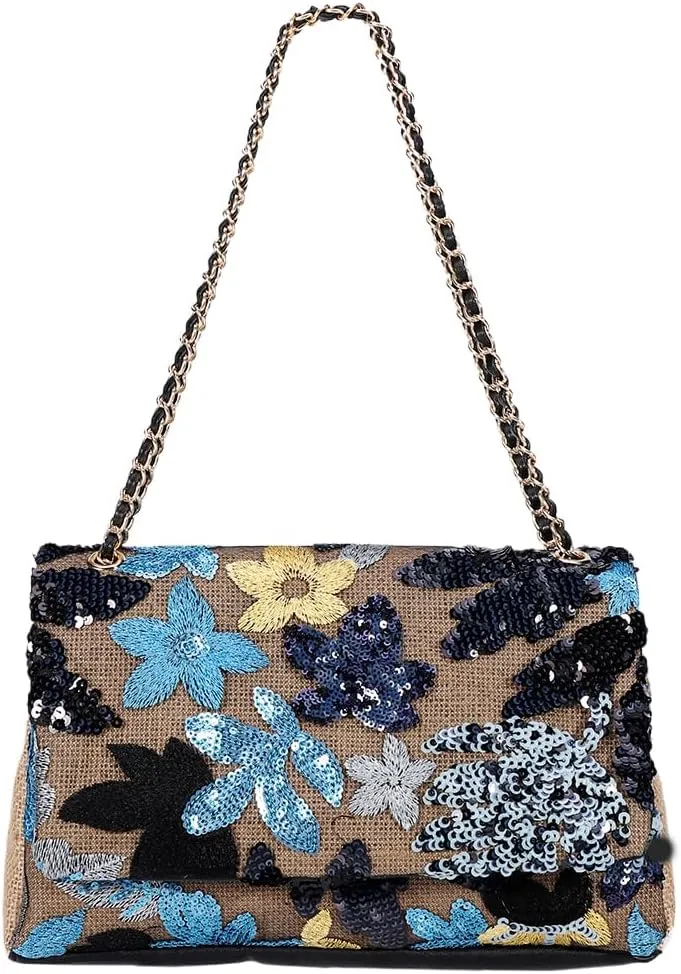 Shining Women Sequin Evening Clutch Summer Woven Shoulder Bag Floral Embroidery Handbag for Commuting Dating Party