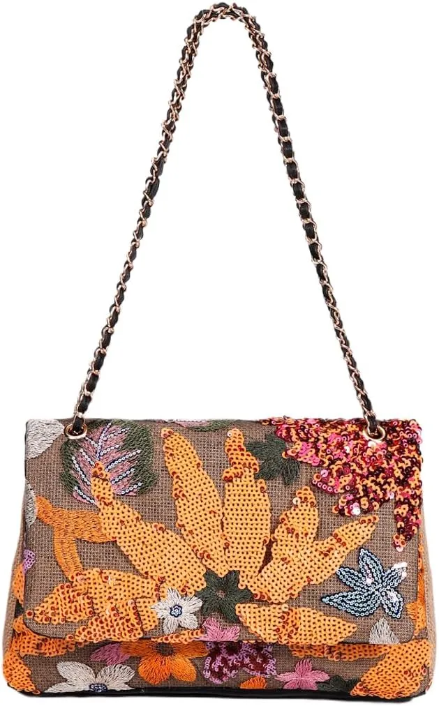 Shining Women Sequin Evening Clutch Summer Woven Shoulder Bag Floral Embroidery Handbag for Commuting Dating Party