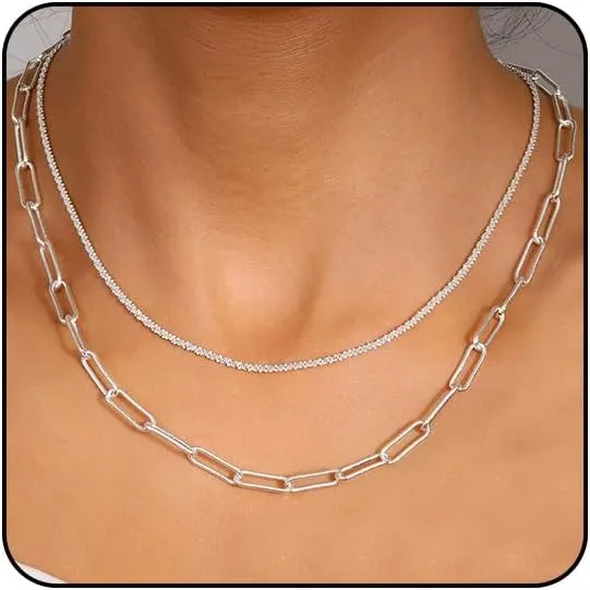 Silver Layered Paperclip Chain Necklace with Rhinestone Choker for Women