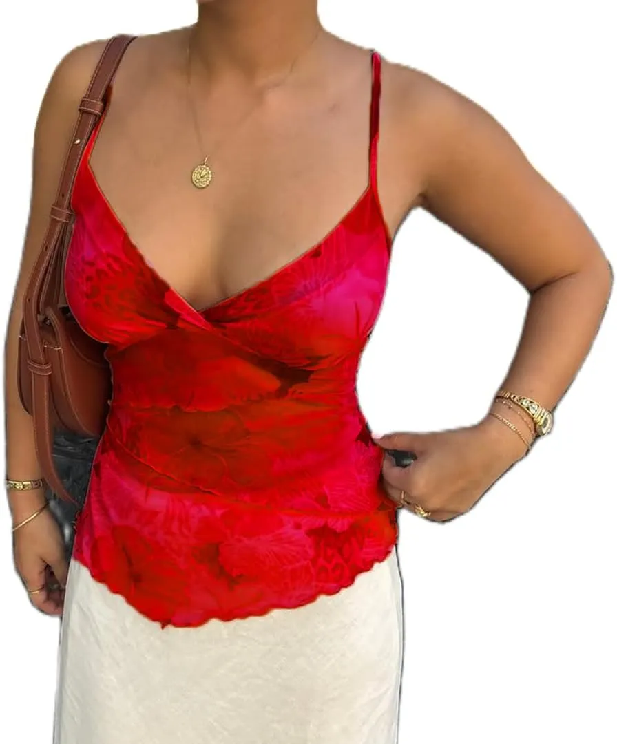SOLILOQUY Women Sexy Wrap V Neck Tank Top Spaghetti Strap Patchwork Flower Print Chiffon Camisole Lettuce Hem