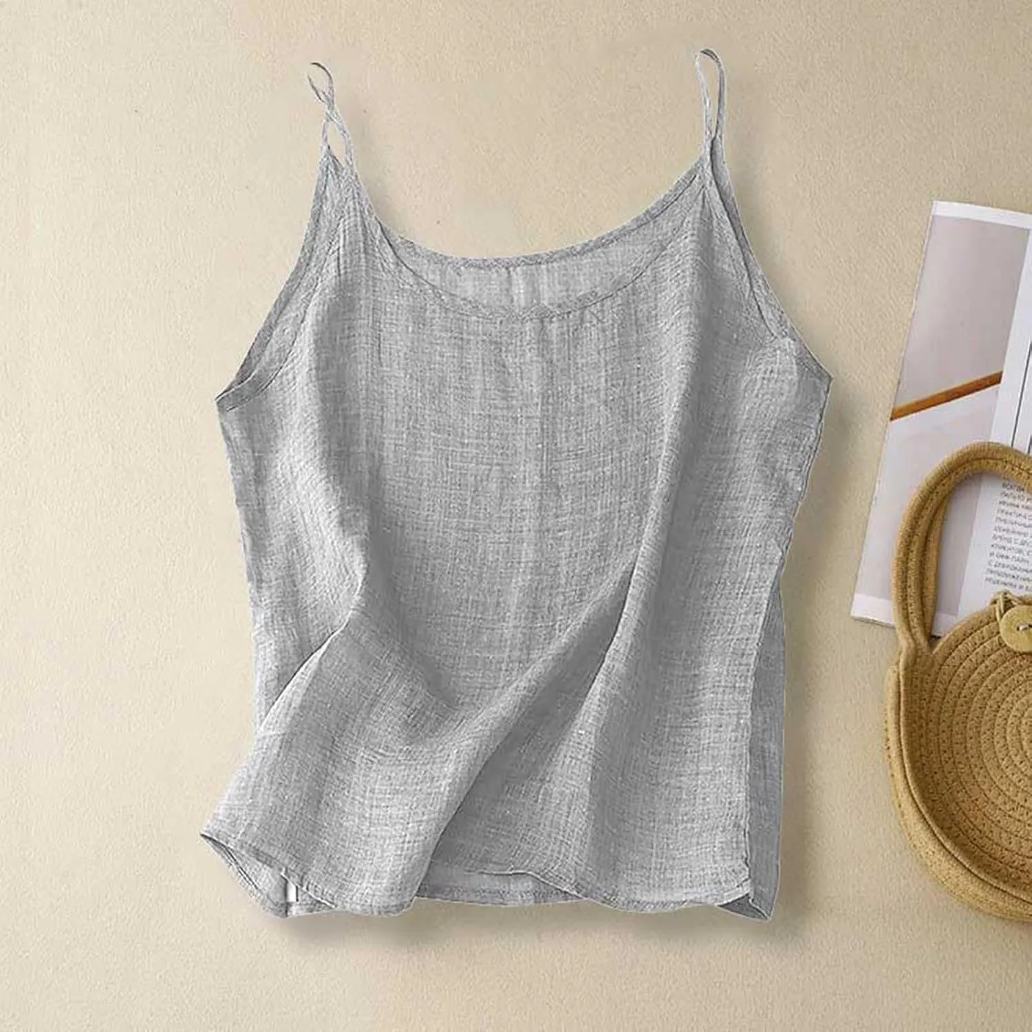 Spaghetti Strap Peplum Tops for Women Trendy Loose Fit Tank Cotton Linen Sleeveless Shirts Casual Vacation Outfits