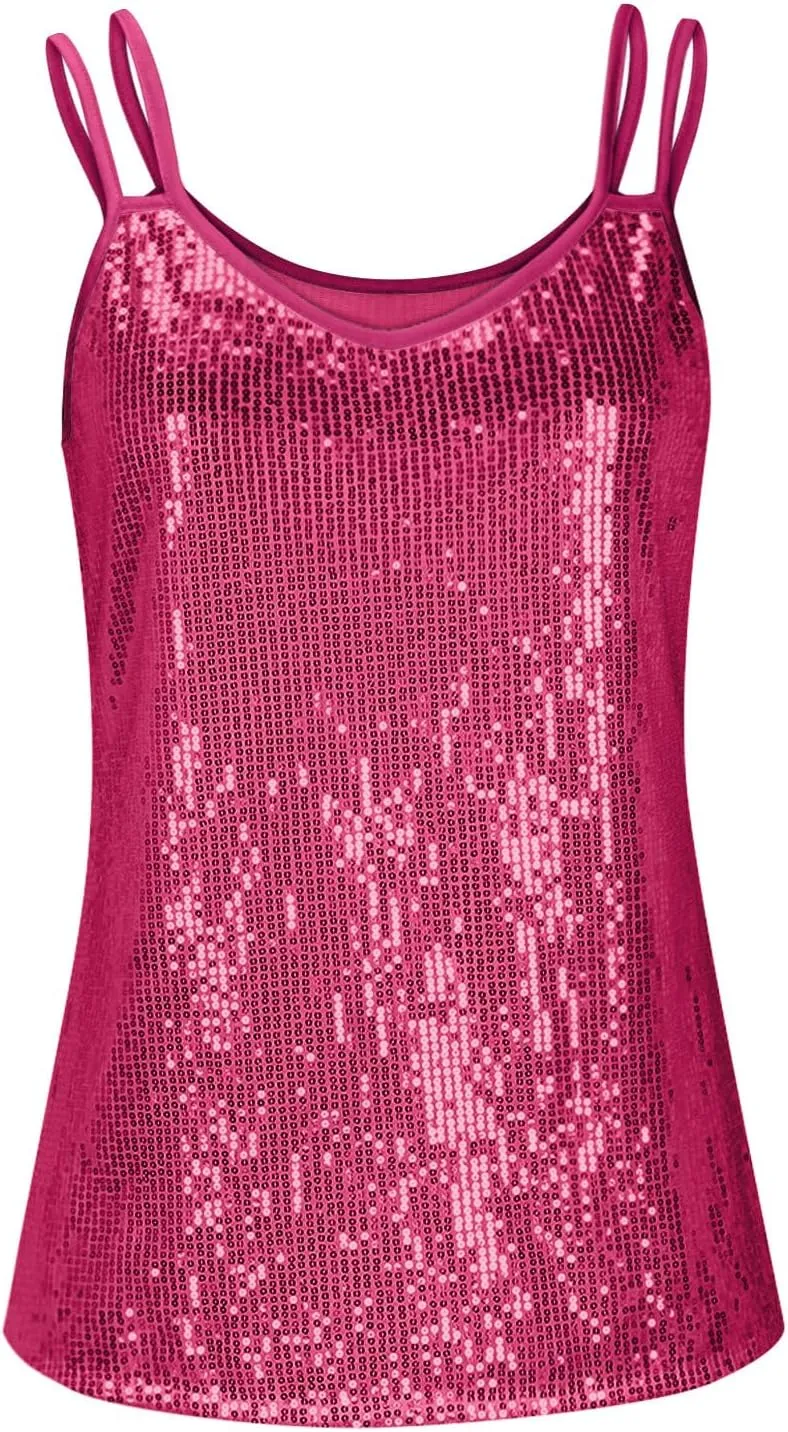 Sparkly Sequin Tops for Women Fashion Shining Camisole Tank Top Club Party Glitter Disco Sparkle Cami T-Shirt Blouses