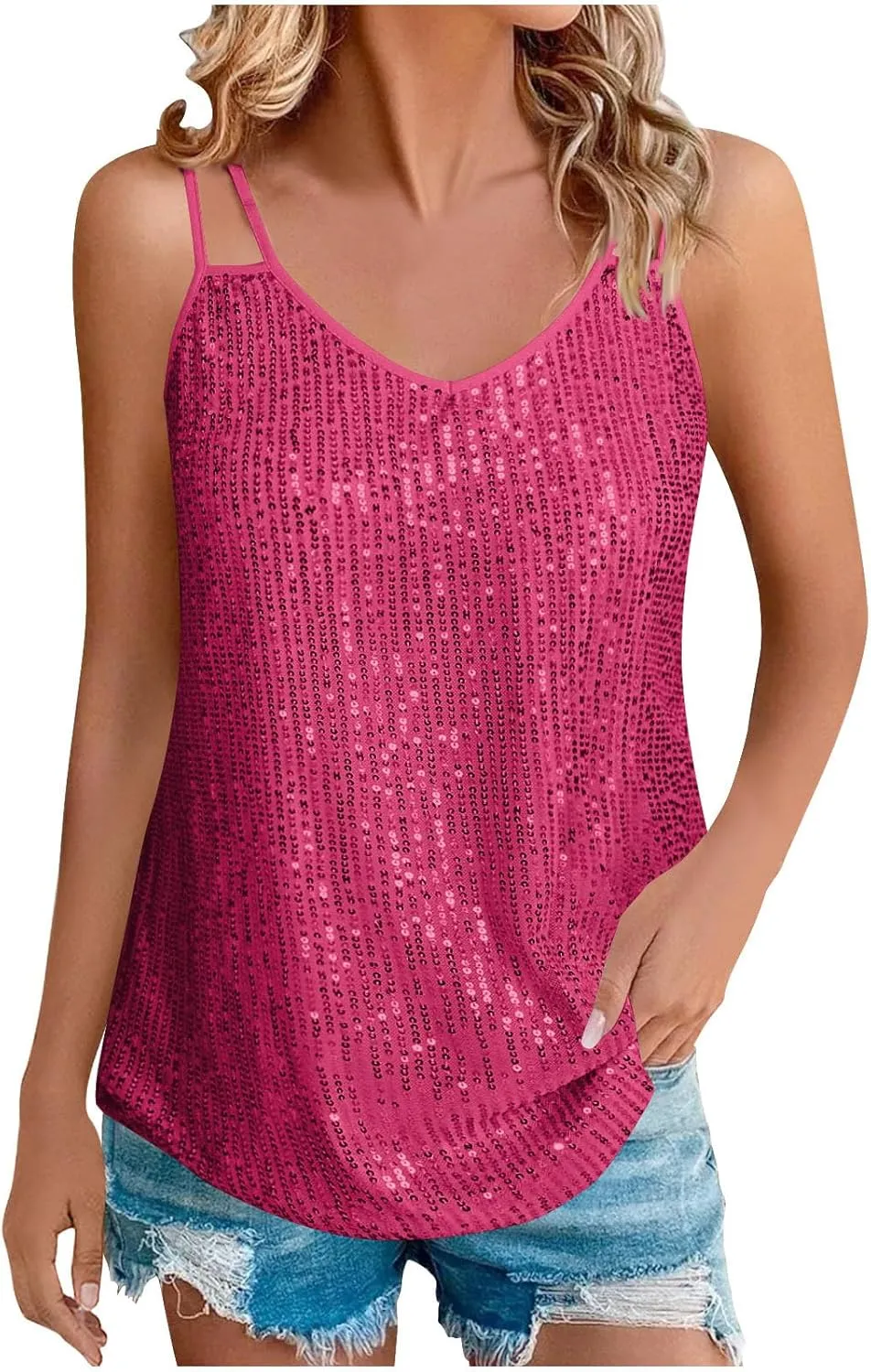 Sparkly Sequin Tops for Women Fashion Shining Camisole Tank Top Club Party Glitter Disco Sparkle Cami T-Shirt Blouses