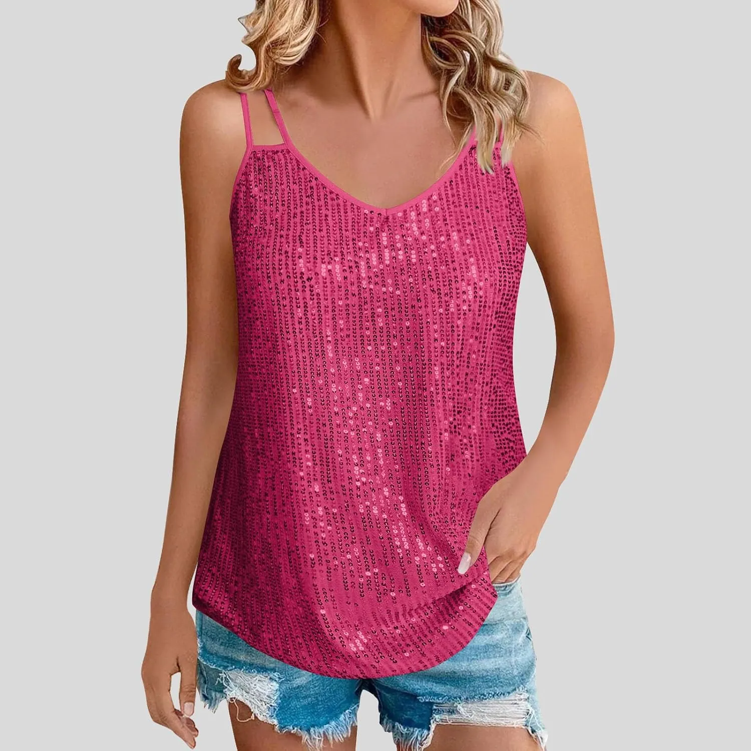 Sparkly Sequin Tops for Women Fashion Shining Camisole Tank Top Club Party Glitter Disco Sparkle Cami T-Shirt Blouses