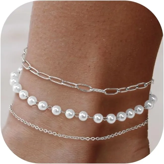 Sterling Silver Anklet Bracelets for Women Set Dainty Sparkly Circle Coin Charms Pearl Cubic Zirconia Paperclip Foot Chain Adjustable Waterproof Layered Anklets Thin Stackable Jewelry Gifts
