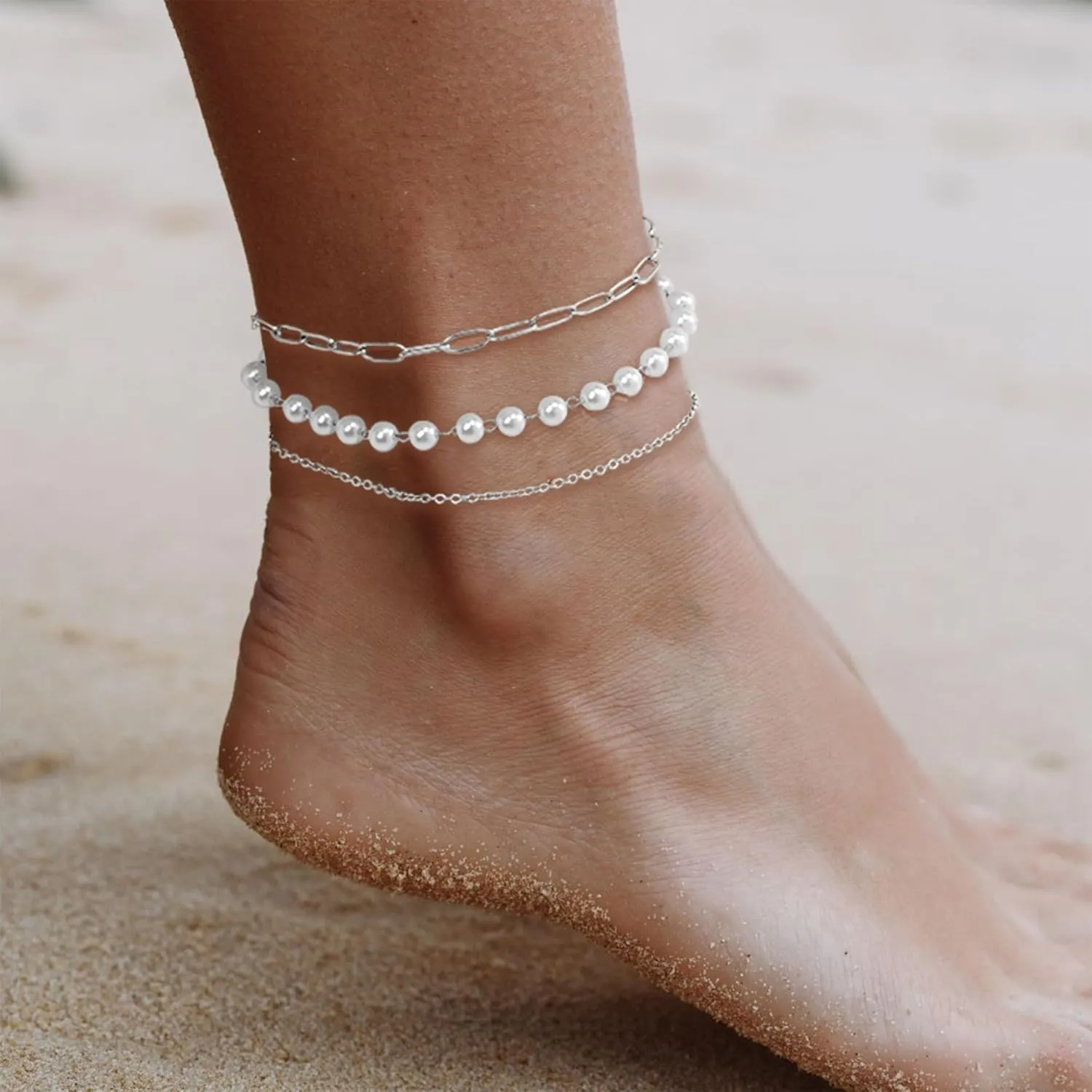 Sterling Silver Anklet Bracelets for Women Set Dainty Sparkly Circle Coin Charms Pearl Cubic Zirconia Paperclip Foot Chain Adjustable Waterproof Layered Anklets Thin Stackable Jewelry Gifts