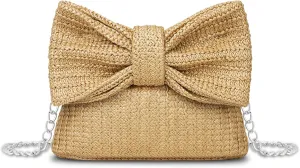 Straw Clutch Purse for Women, Chain Shoulder Crossbody Bag Bow Handle Wrist Bag Summer Hobo Evening Bag for Parties, Wedding, Beach, Chain Khaki
