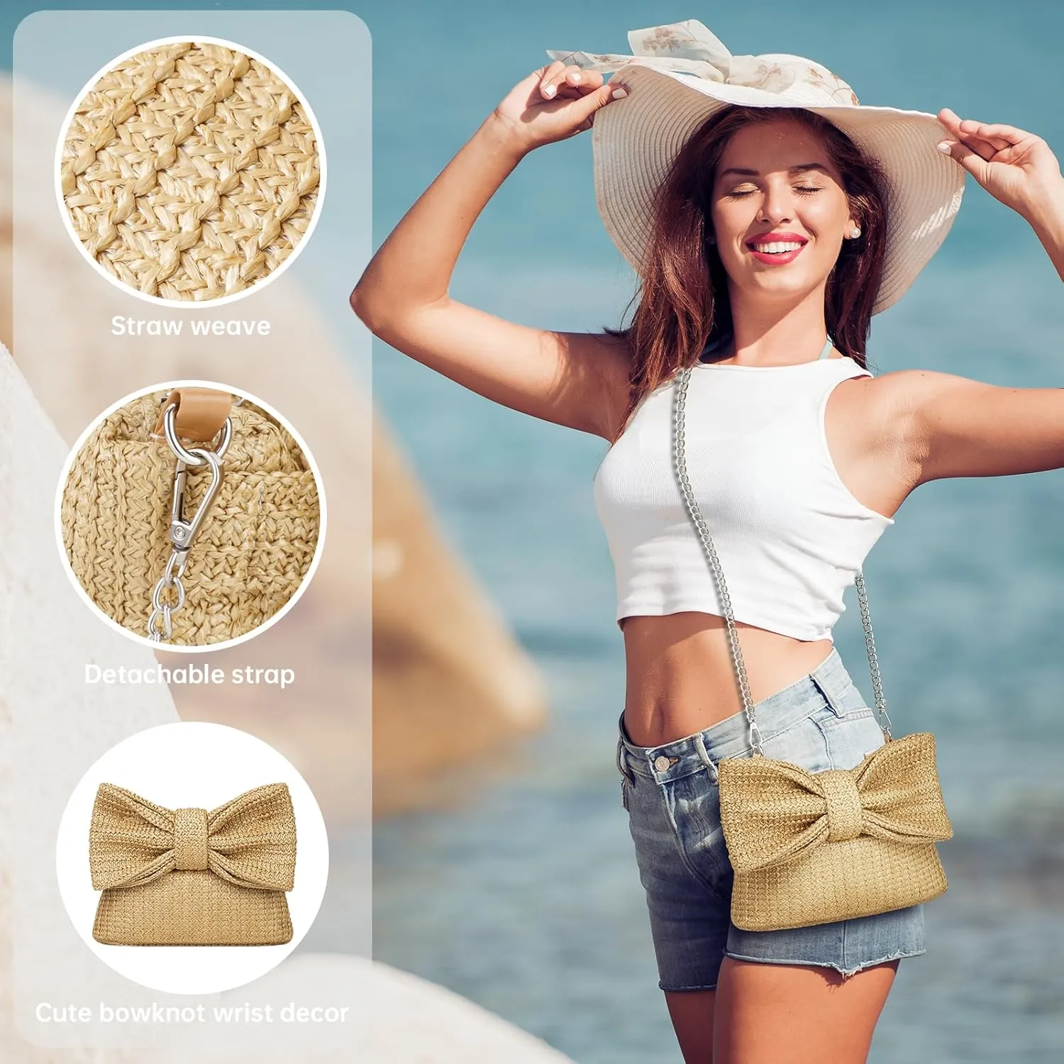 Straw Clutch Purse for Women, Chain Shoulder Crossbody Bag Bow Handle Wrist Bag Summer Hobo Evening Bag for Parties, Wedding, Beach, Chain Khaki