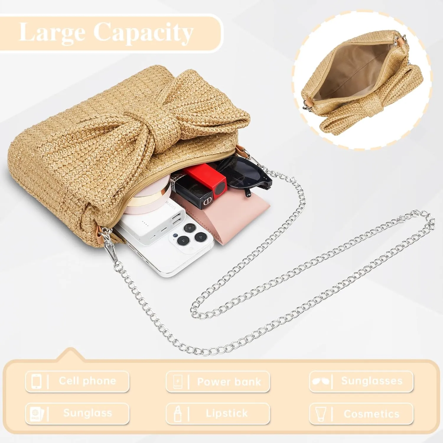 Straw Clutch Purse for Women, Chain Shoulder Crossbody Bag Bow Handle Wrist Bag Summer Hobo Evening Bag for Parties, Wedding, Beach, Chain Khaki
