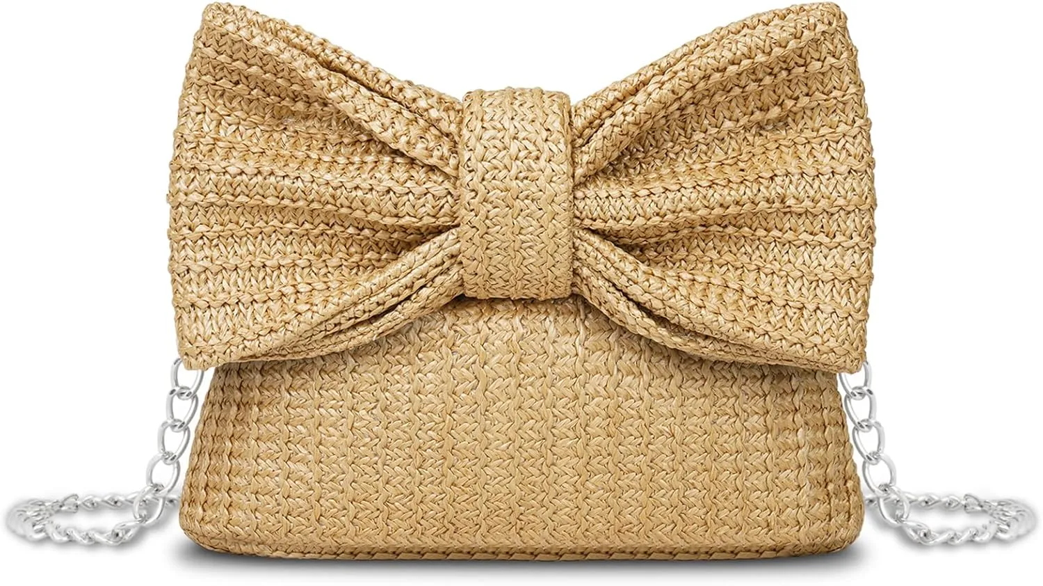 Straw Clutch Purse for Women, Chain Shoulder Crossbody Bag Bow Handle Wrist Bag Summer Hobo Evening Bag for Parties, Wedding, Beach, Chain Khaki