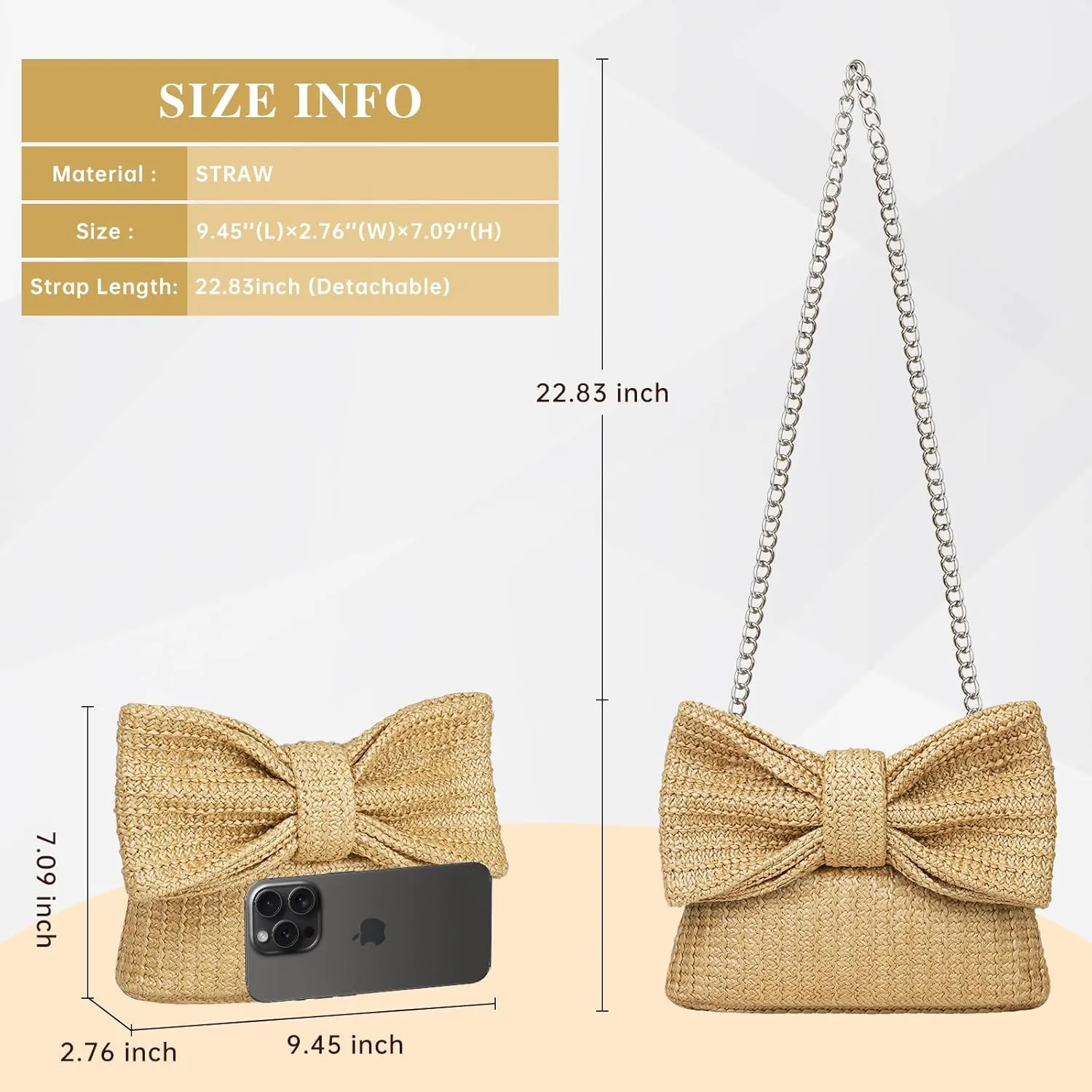 Straw Clutch Purse for Women, Chain Shoulder Crossbody Bag Bow Handle Wrist Bag Summer Hobo Evening Bag for Parties, Wedding, Beach, Chain Khaki