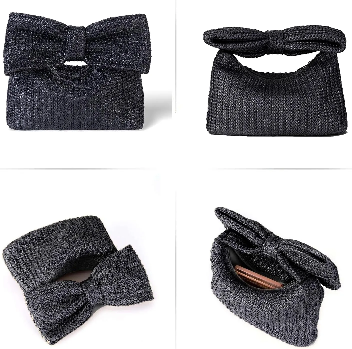 Straw Clutch Purse for Women, Chain Shoulder Crossbody Bag Bow Handle Wrist Bag Summer Hobo Evening Bag for Parties, Wedding, Beach, Chain Khaki