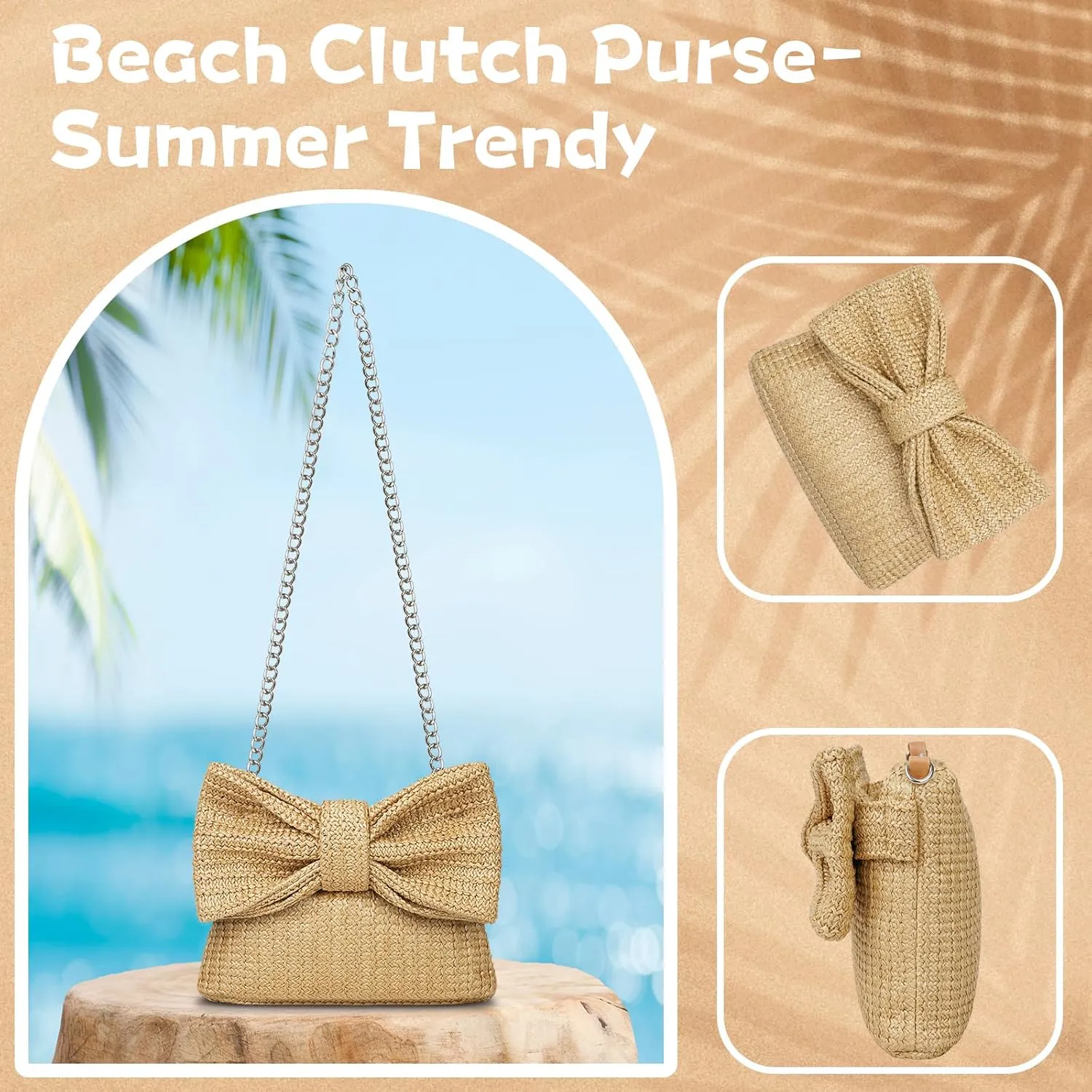 Straw Clutch Purse for Women, Chain Shoulder Crossbody Bag Bow Handle Wrist Bag Summer Hobo Evening Bag for Parties, Wedding, Beach, Chain Khaki