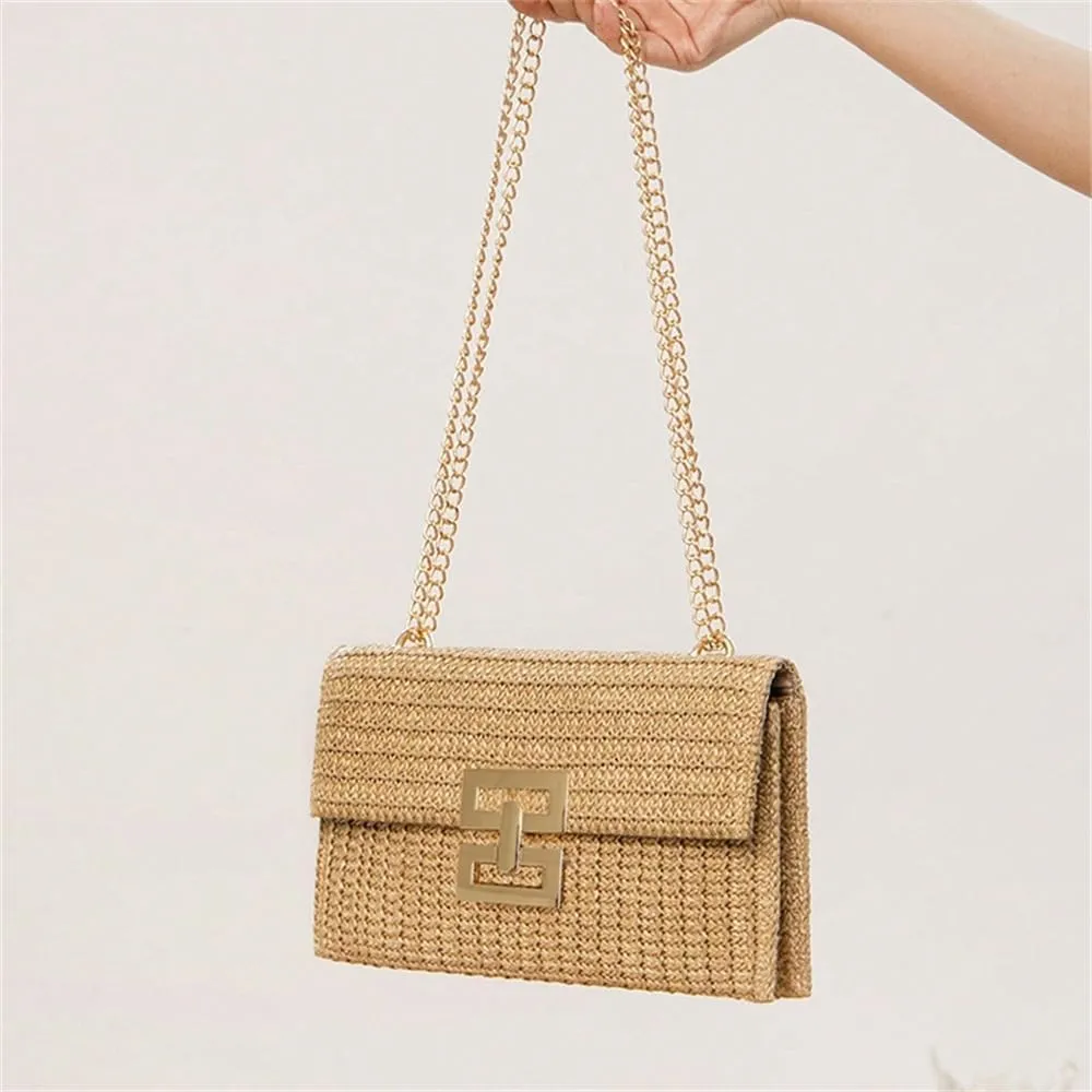Straw Clutch Purse for Women - Summer Beach Bag, Woven Handbag with Chain Crossbody Shoulder Strap - Evening Bag
