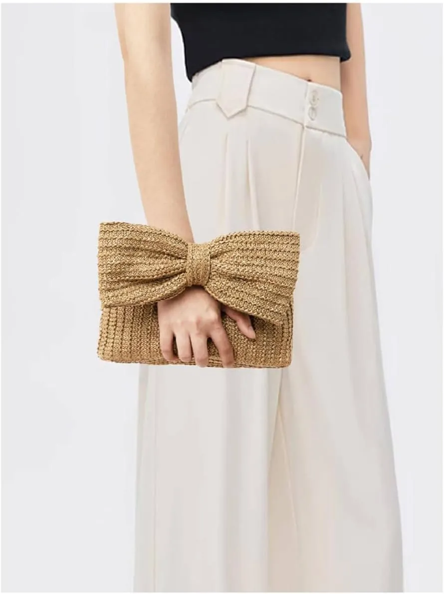 Straw Clutch Purses for Women Bow Purse Summer Woven Beach Vacation Bag Casual Straw Evening Clutch for Party