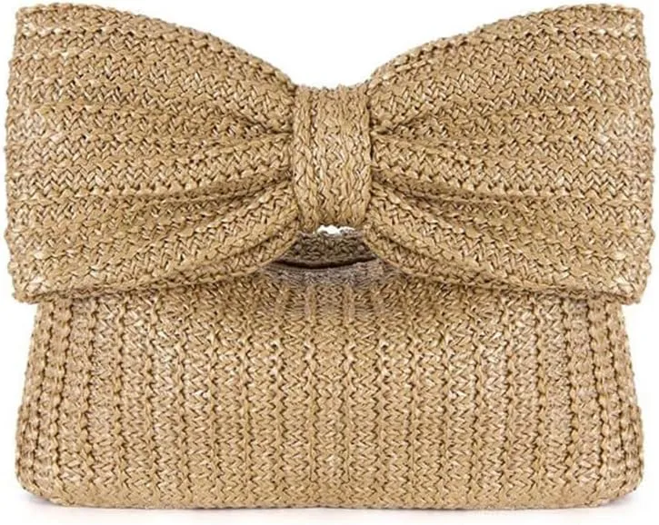 Straw Clutch Purses for Women Bow Purse Summer Woven Beach Vacation Bag Casual Straw Evening Clutch for Party