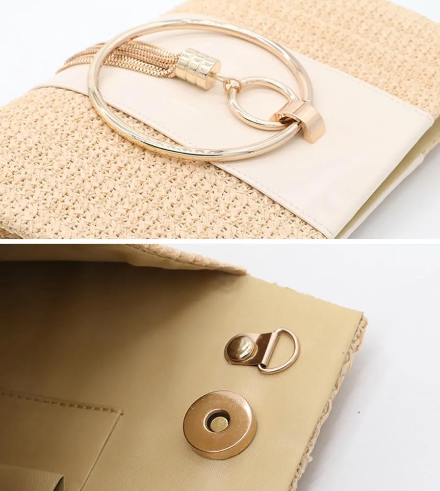 Straw Evening Handbag for Women Fashion Clutch Purse 2025 Summer Beach Tote Bag Fringe Chain Bag for Party Prom