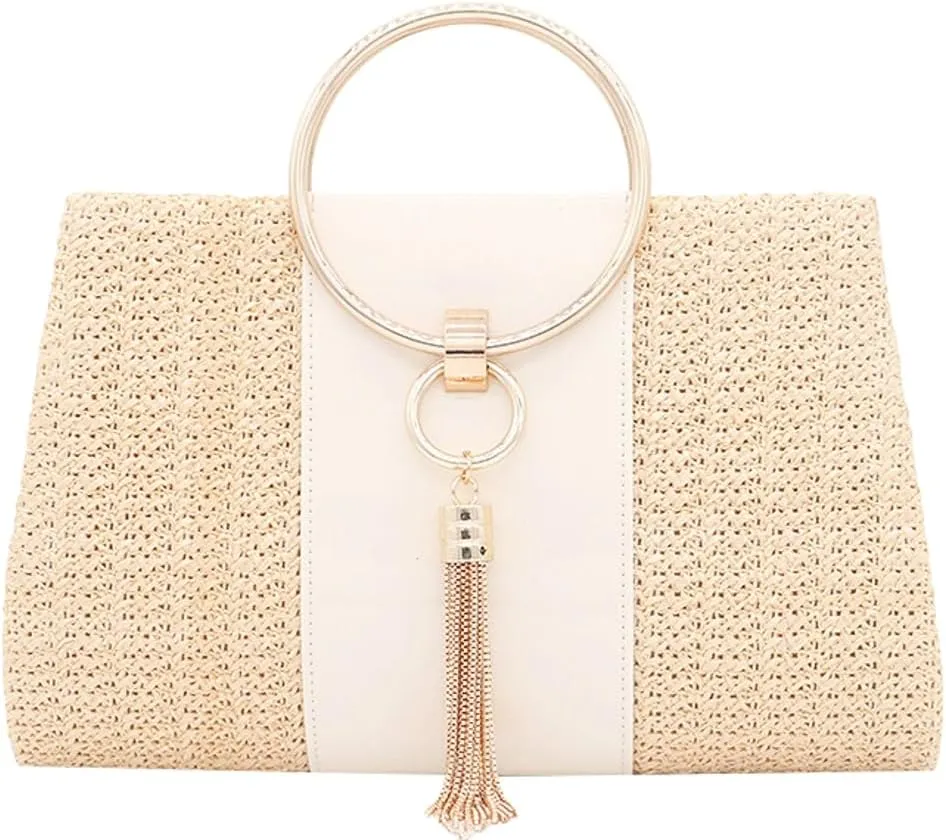 Straw Evening Handbag for Women Fashion Clutch Purse 2025 Summer Beach Tote Bag Fringe Chain Bag for Party Prom