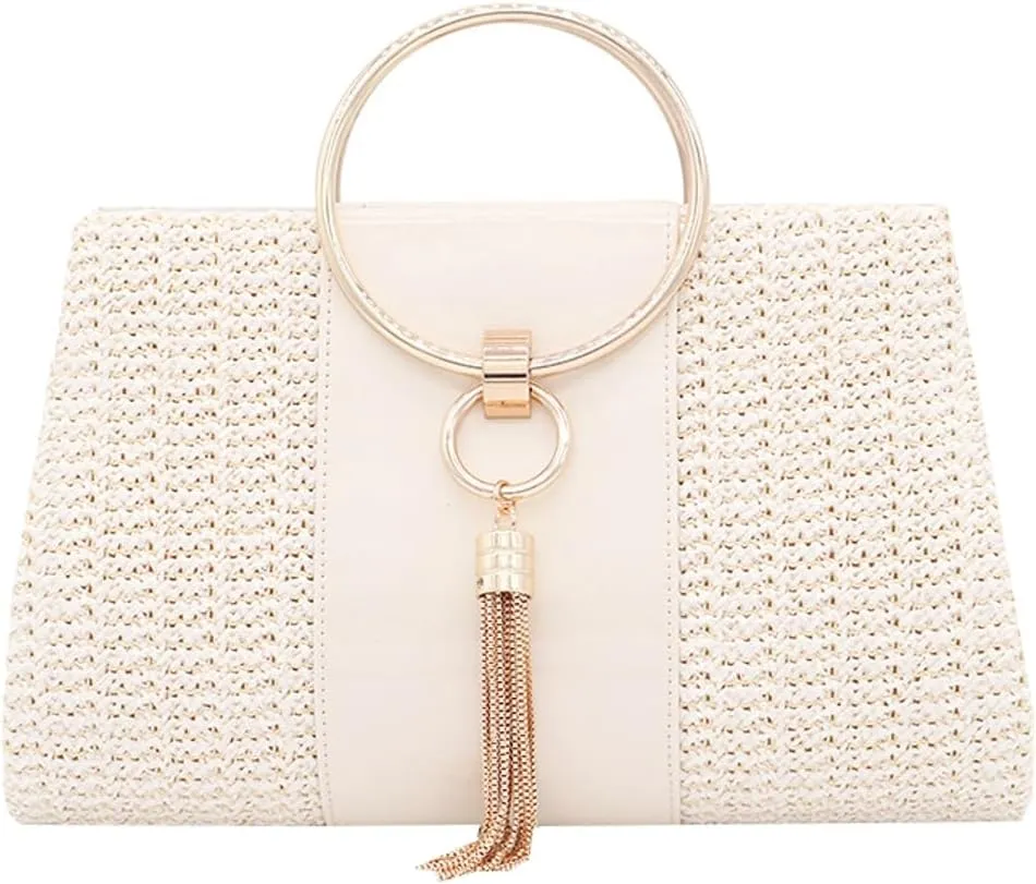 Straw Evening Handbag for Women Fashion Clutch Purse 2025 Summer Beach Tote Bag Fringe Chain Bag for Party Prom