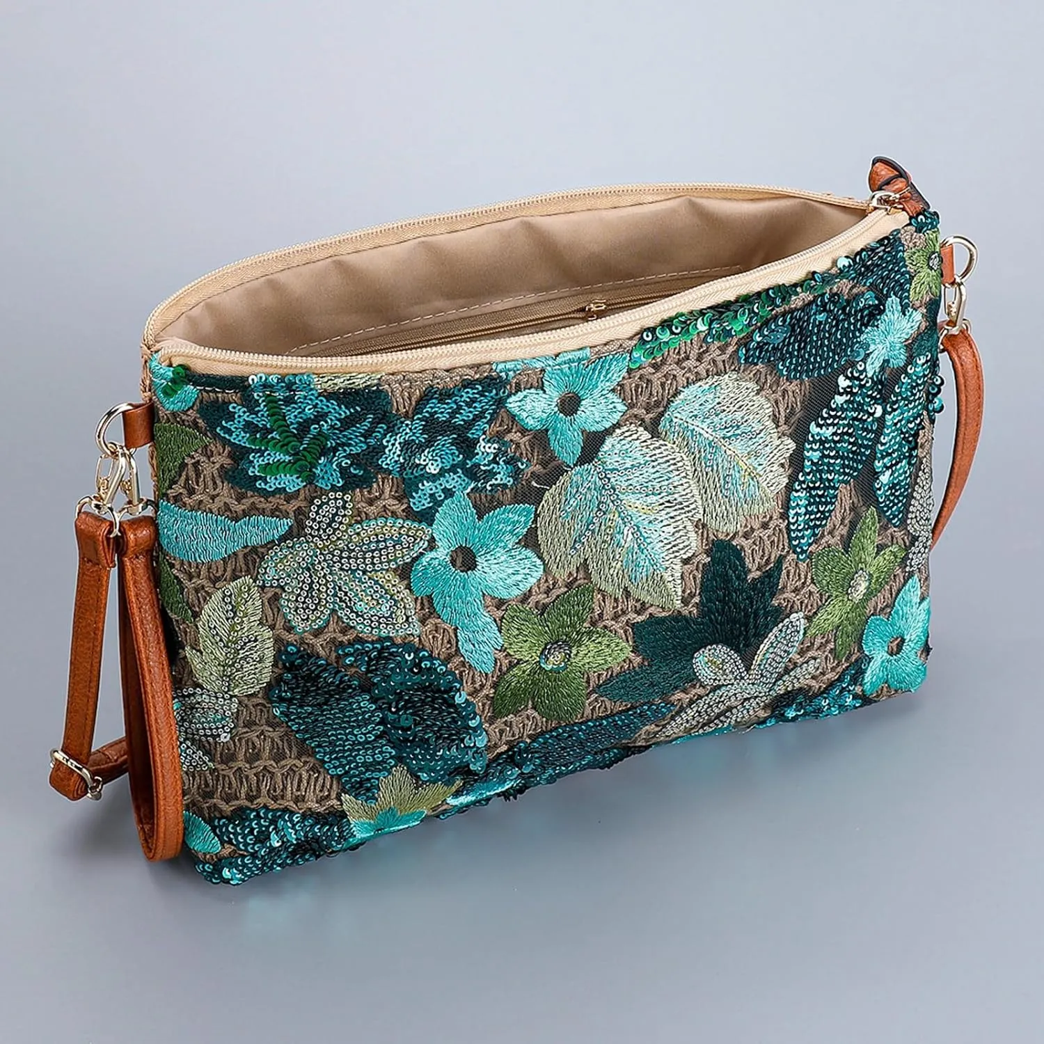 Straw Woven Evening Clutch Purses for Women Summer Sequin Embroidered Floral Crossbody Handbag Shoulder Satchel