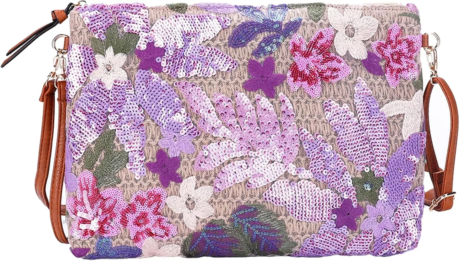 Straw Woven Evening Clutch Purses for Women Summer Sequin Embroidered Floral Crossbody Handbag Shoulder Satchel
