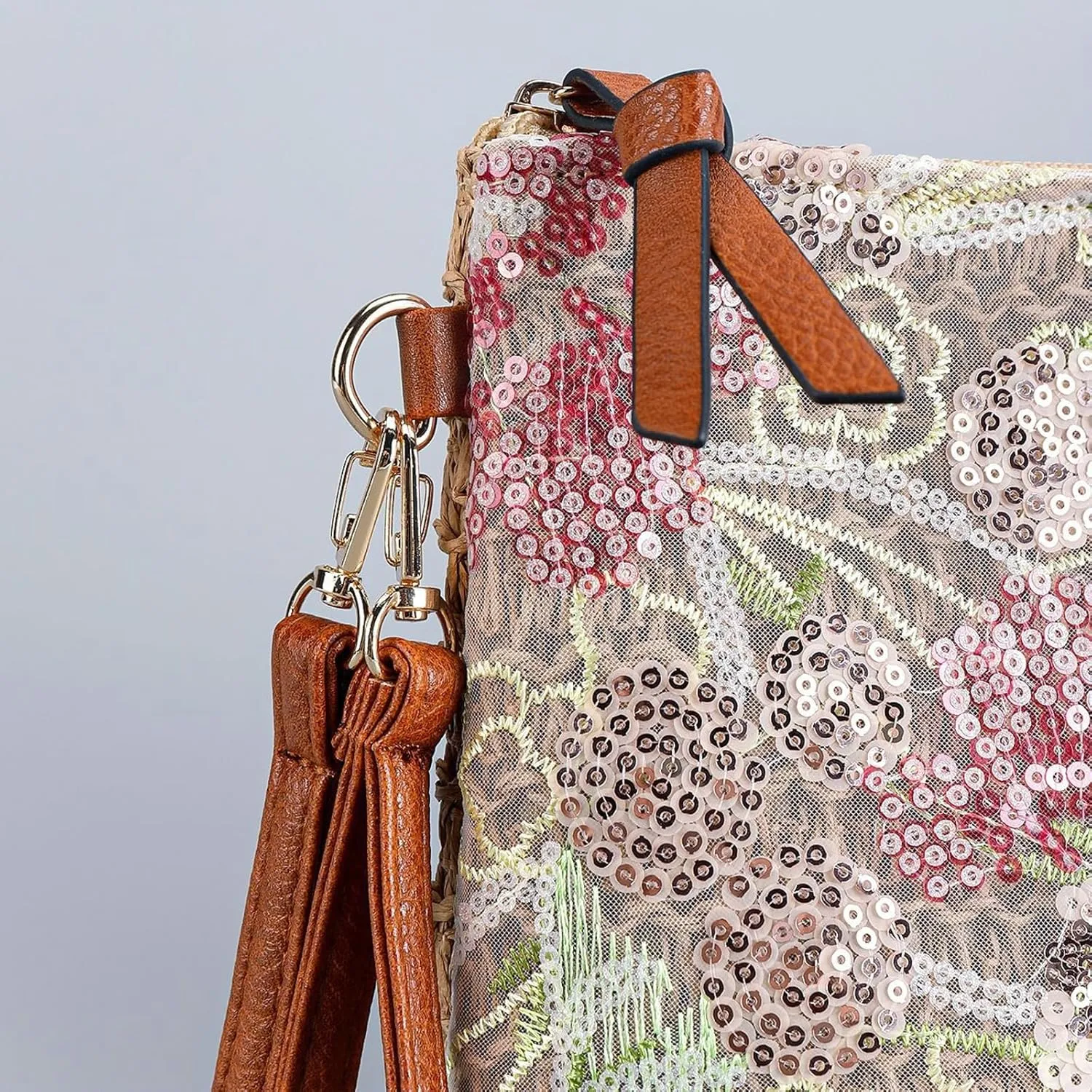 Straw Woven Evening Clutch Purses for Women Summer Sequin Embroidered Floral Crossbody Handbag Shoulder Satchel