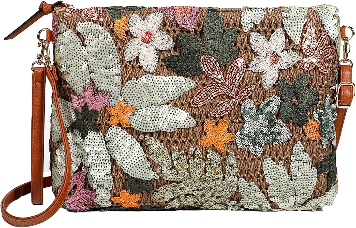 Straw Woven Evening Clutch Purses for Women Summer Sequin Embroidered Floral Crossbody Handbag Shoulder Satchel