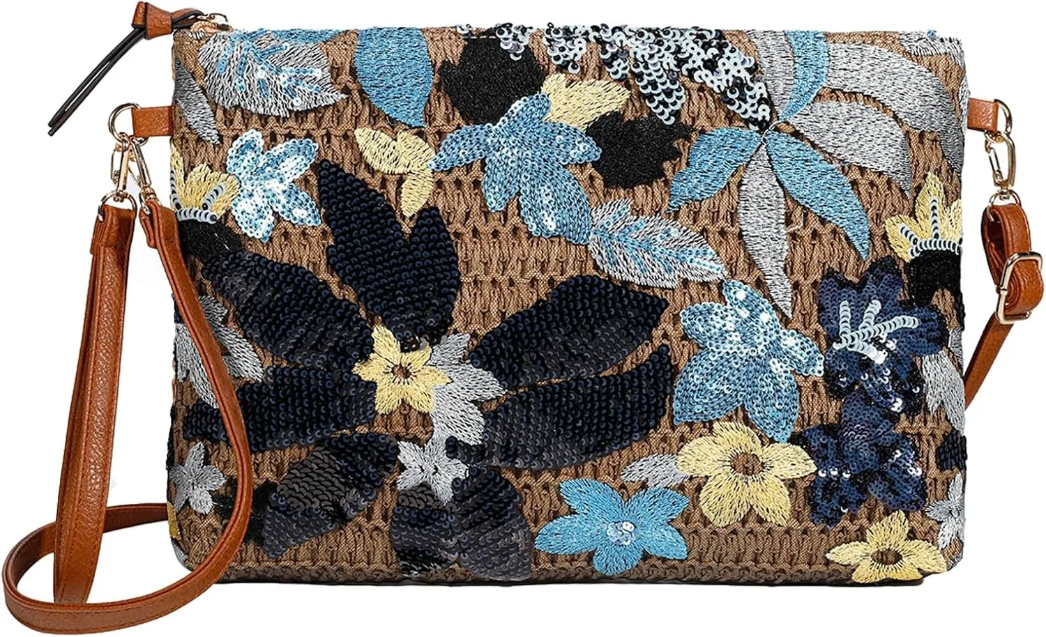 Straw Woven Evening Clutch Purses for Women Summer Sequin Embroidered Floral Crossbody Handbag Shoulder Satchel