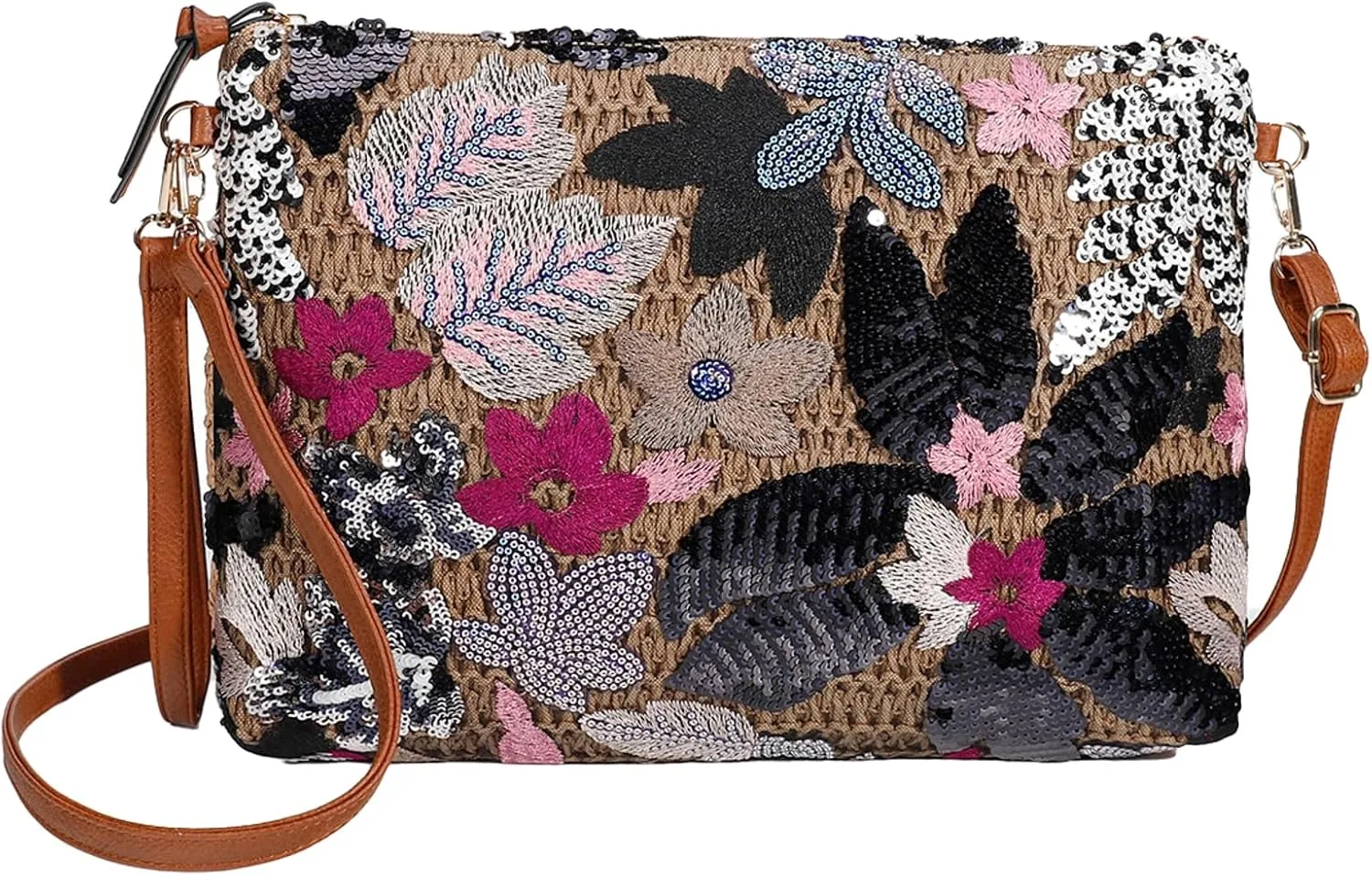 Straw Woven Evening Clutch Purses for Women Summer Sequin Embroidered Floral Crossbody Handbag Shoulder Satchel