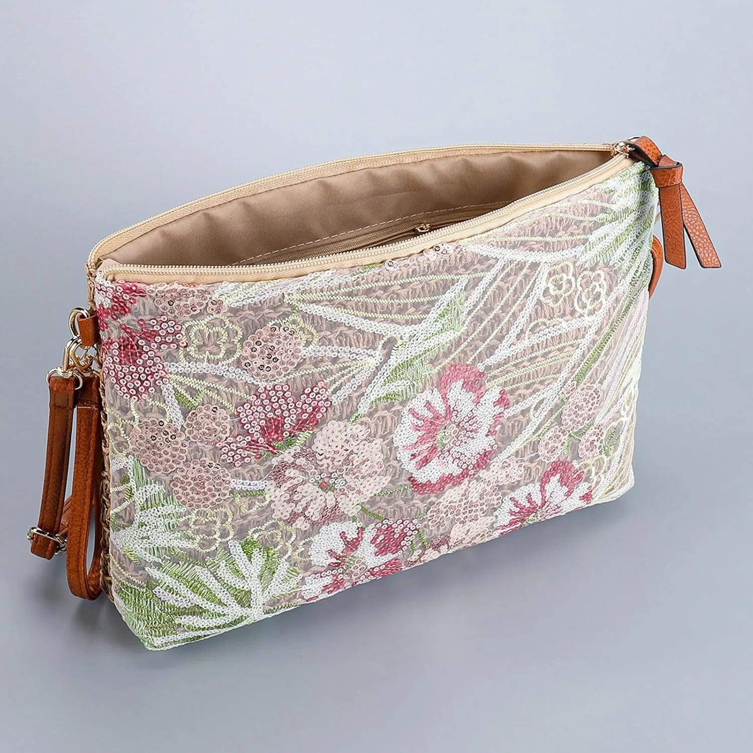 Straw Woven Evening Clutch Purses for Women Summer Sequin Embroidered Floral Crossbody Handbag Shoulder Satchel
