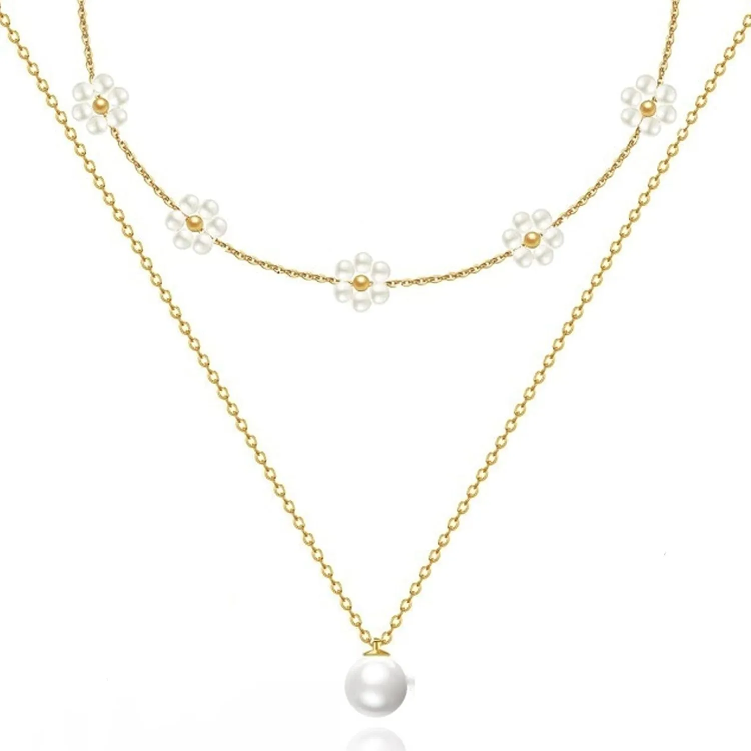 Stunning Pearl Necklaces for Women - 14K Gold Plated, Dainty Layered with Daisy Pearl Choker - Perfect Gifts
