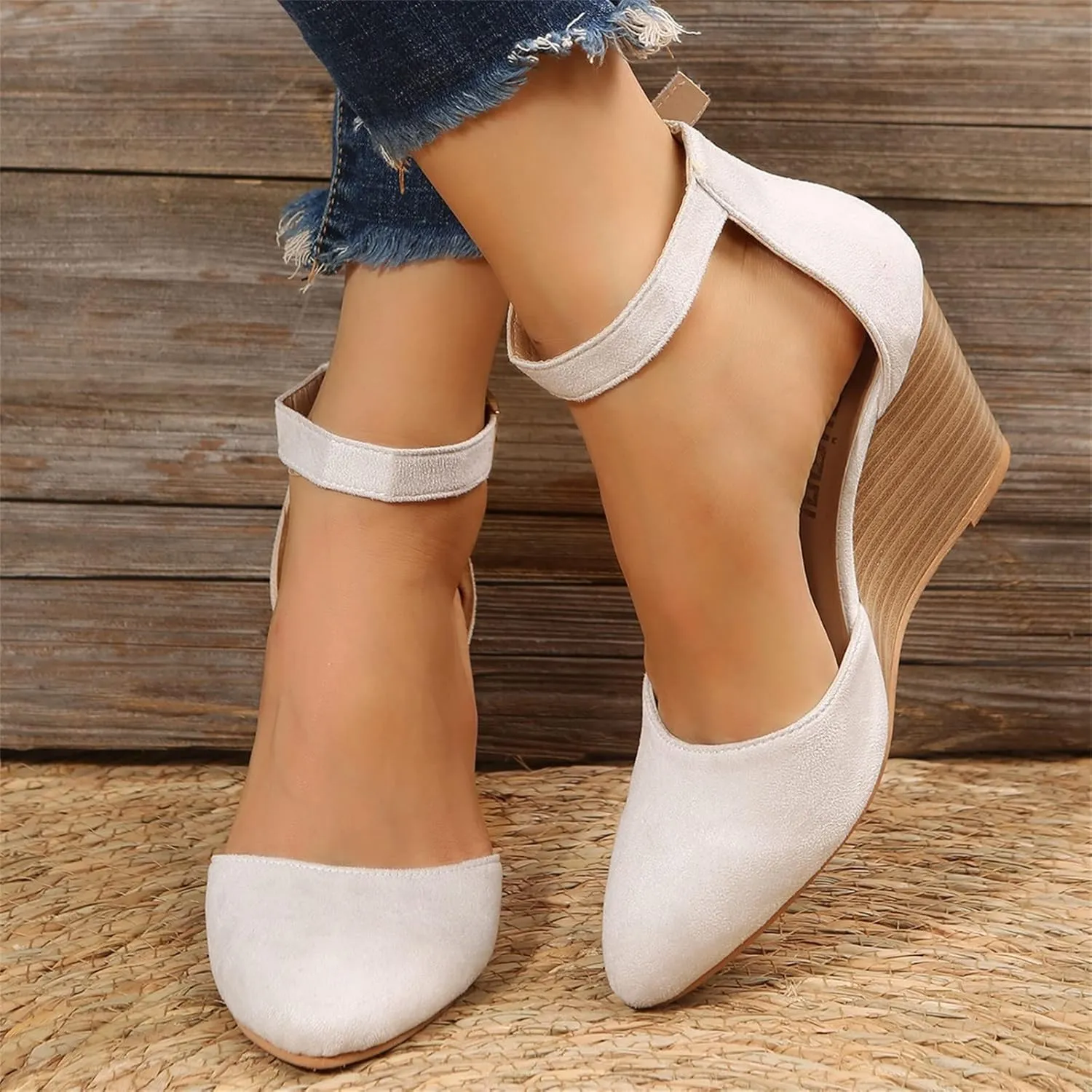 SuanlaTDS Closed Toe Wedge Sandals for Women 2025 Dressy Pointed-toe Platform Buckle Ankle Strap High Heels Elegant Ladies Comfortable Summer Dress Shoes Beach Wedding Wedges Sandal Pum-ps