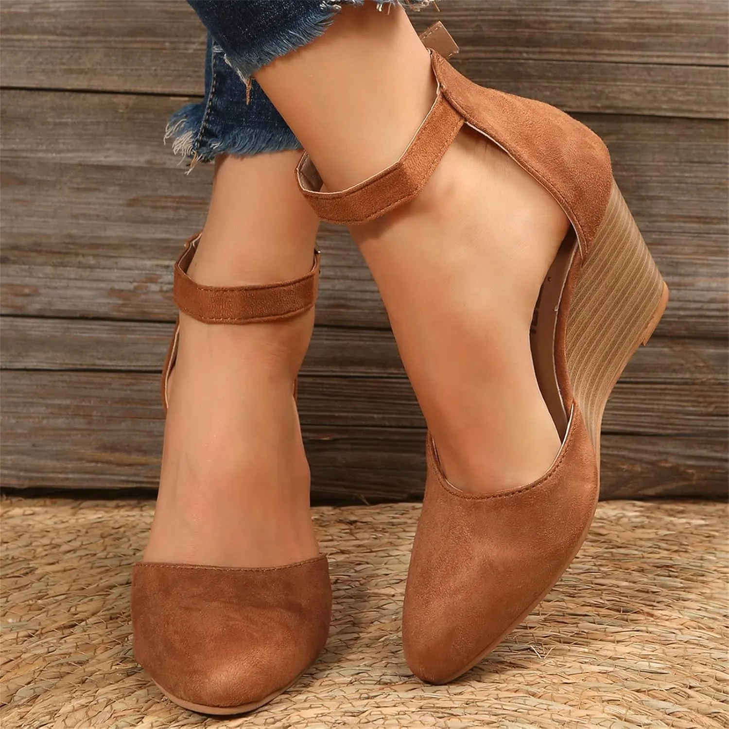 SuanlaTDS Closed Toe Wedge Sandals for Women 2025 Dressy Pointed-toe Platform Buckle Ankle Strap High Heels Elegant Ladies Comfortable Summer Dress Shoes Beach Wedding Wedges Sandal Pum-ps