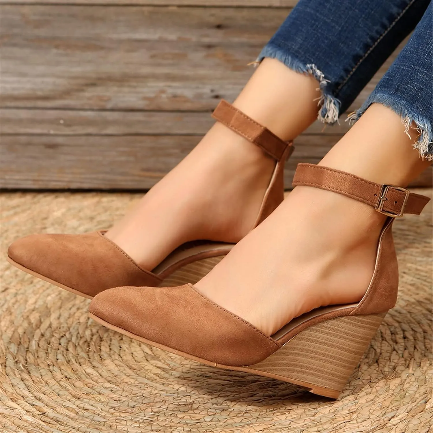 SuanlaTDS Closed Toe Wedge Sandals for Women 2025 Dressy Pointed-toe Platform Buckle Ankle Strap High Heels Elegant Ladies Comfortable Summer Dress Shoes Beach Wedding Wedges Sandal Pum-ps
