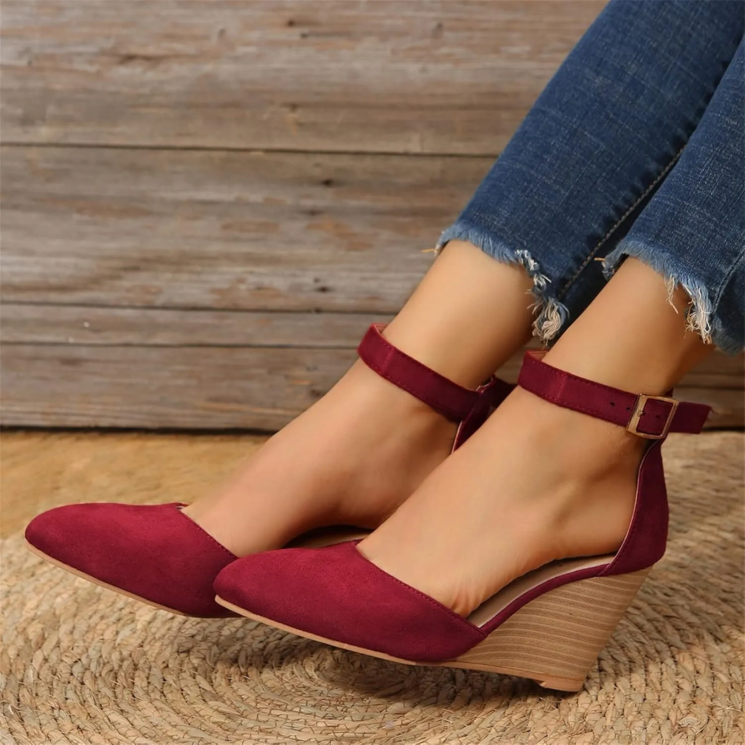 SuanlaTDS Closed Toe Wedge Sandals for Women 2025 Dressy Pointed-toe Platform Buckle Ankle Strap High Heels Elegant Ladies Comfortable Summer Dress Shoes Beach Wedding Wedges Sandal Pum-ps