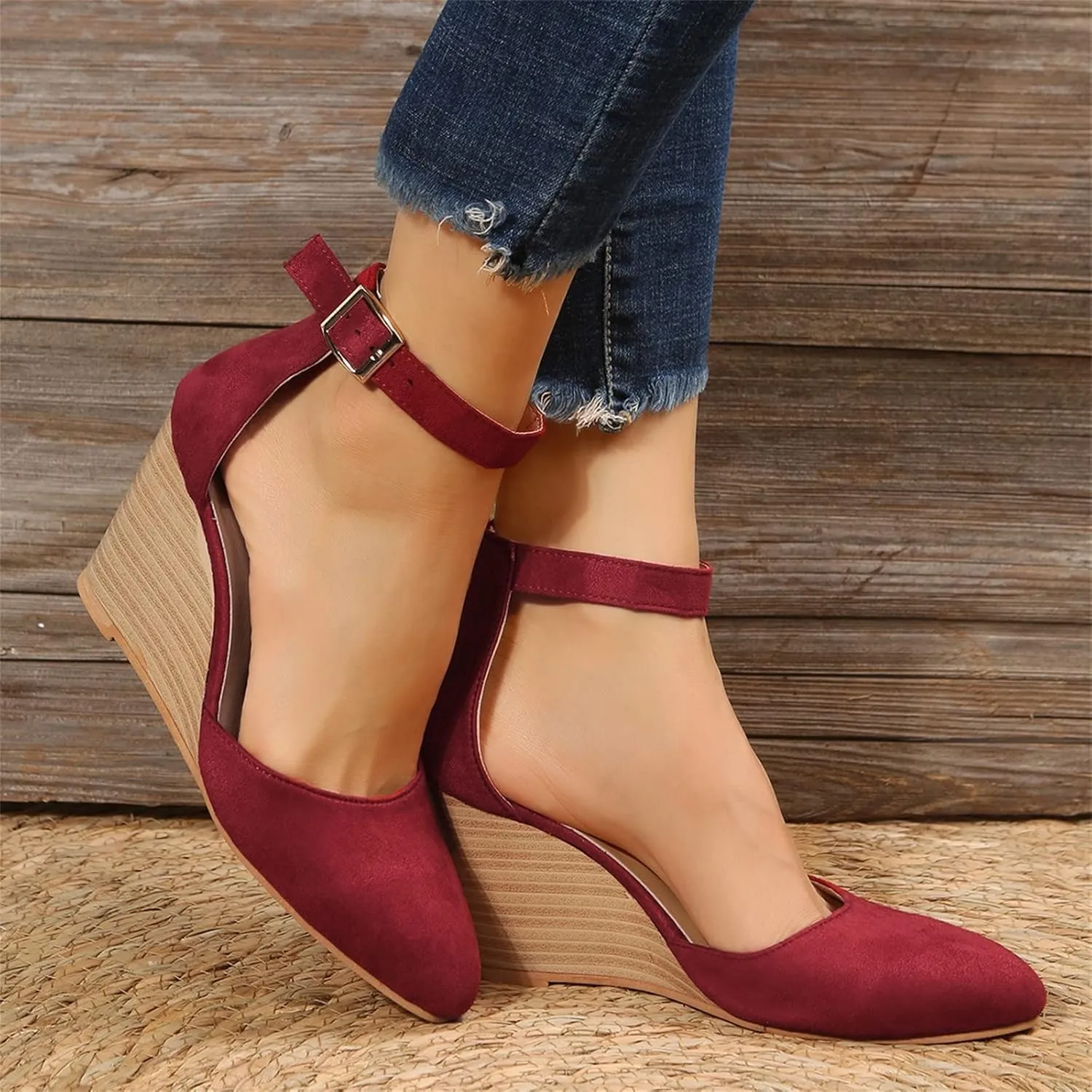 SuanlaTDS Closed Toe Wedge Sandals for Women 2025 Dressy Pointed-toe Platform Buckle Ankle Strap High Heels Elegant Ladies Comfortable Summer Dress Shoes Beach Wedding Wedges Sandal Pum-ps