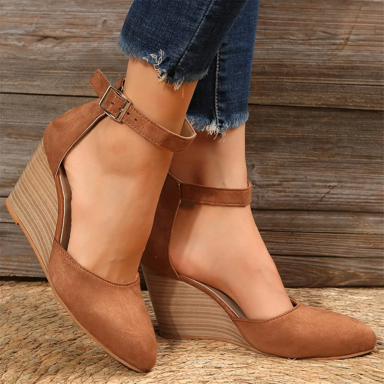 SuanlaTDS Closed Toe Wedge Sandals for Women 2025 Dressy Pointed-toe Platform Buckle Ankle Strap High Heels Elegant Ladies Comfortable Summer Dress Shoes Beach Wedding Wedges Sandal Pum-ps
