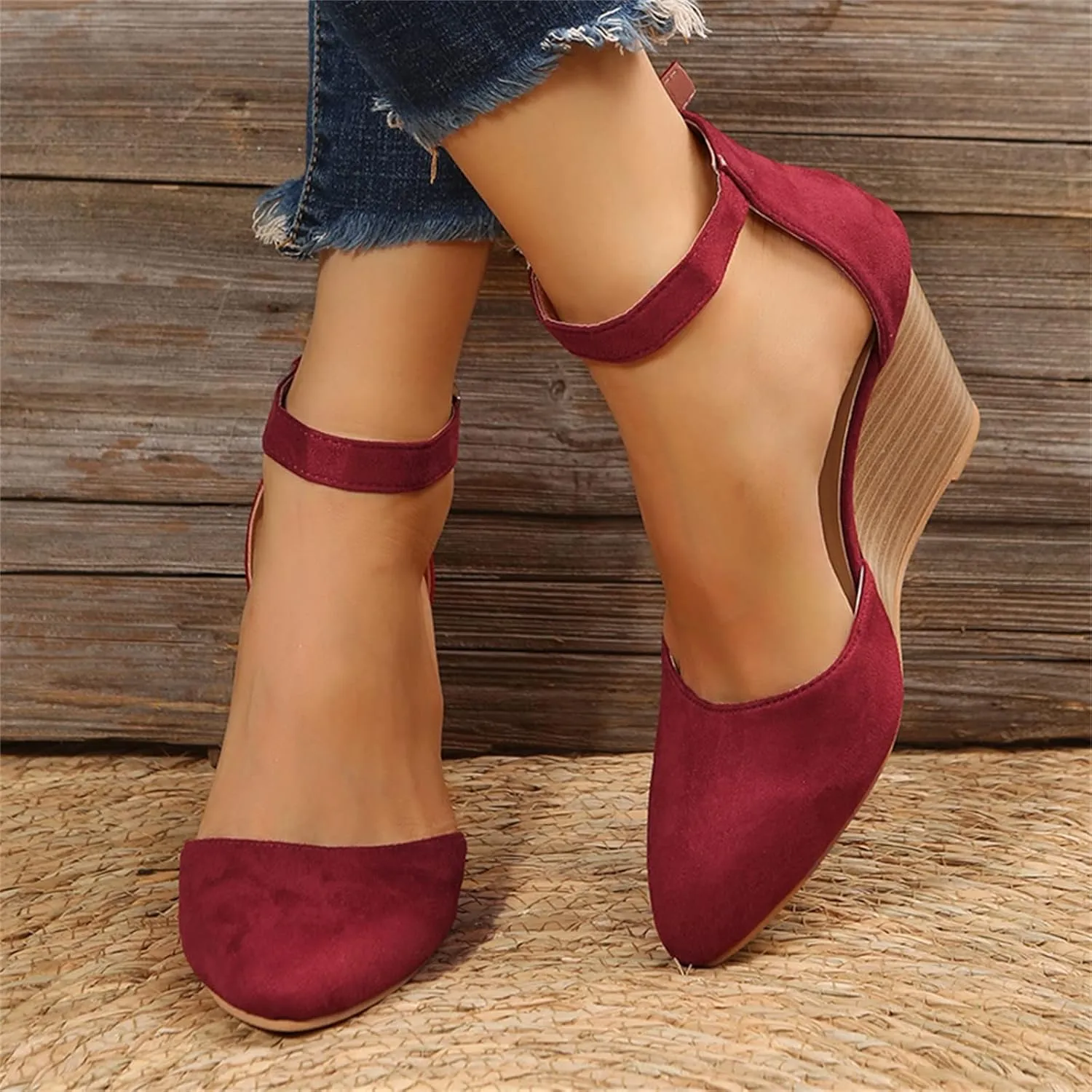 SuanlaTDS Closed Toe Wedge Sandals for Women 2025 Dressy Pointed-toe Platform Buckle Ankle Strap High Heels Elegant Ladies Comfortable Summer Dress Shoes Beach Wedding Wedges Sandal Pum-ps