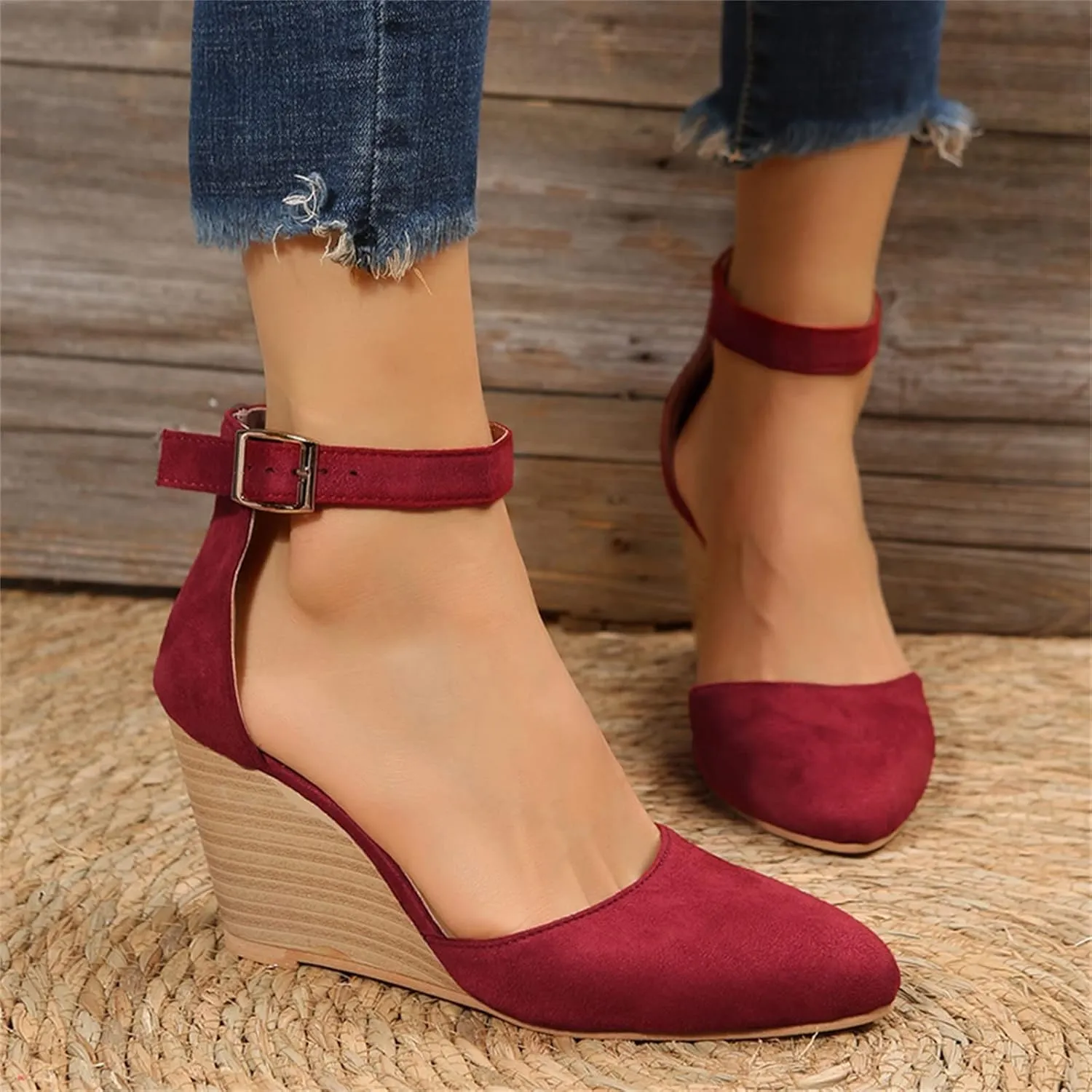 SuanlaTDS Closed Toe Wedge Sandals for Women 2025 Dressy Pointed-toe Platform Buckle Ankle Strap High Heels Elegant Ladies Comfortable Summer Dress Shoes Beach Wedding Wedges Sandal Pum-ps