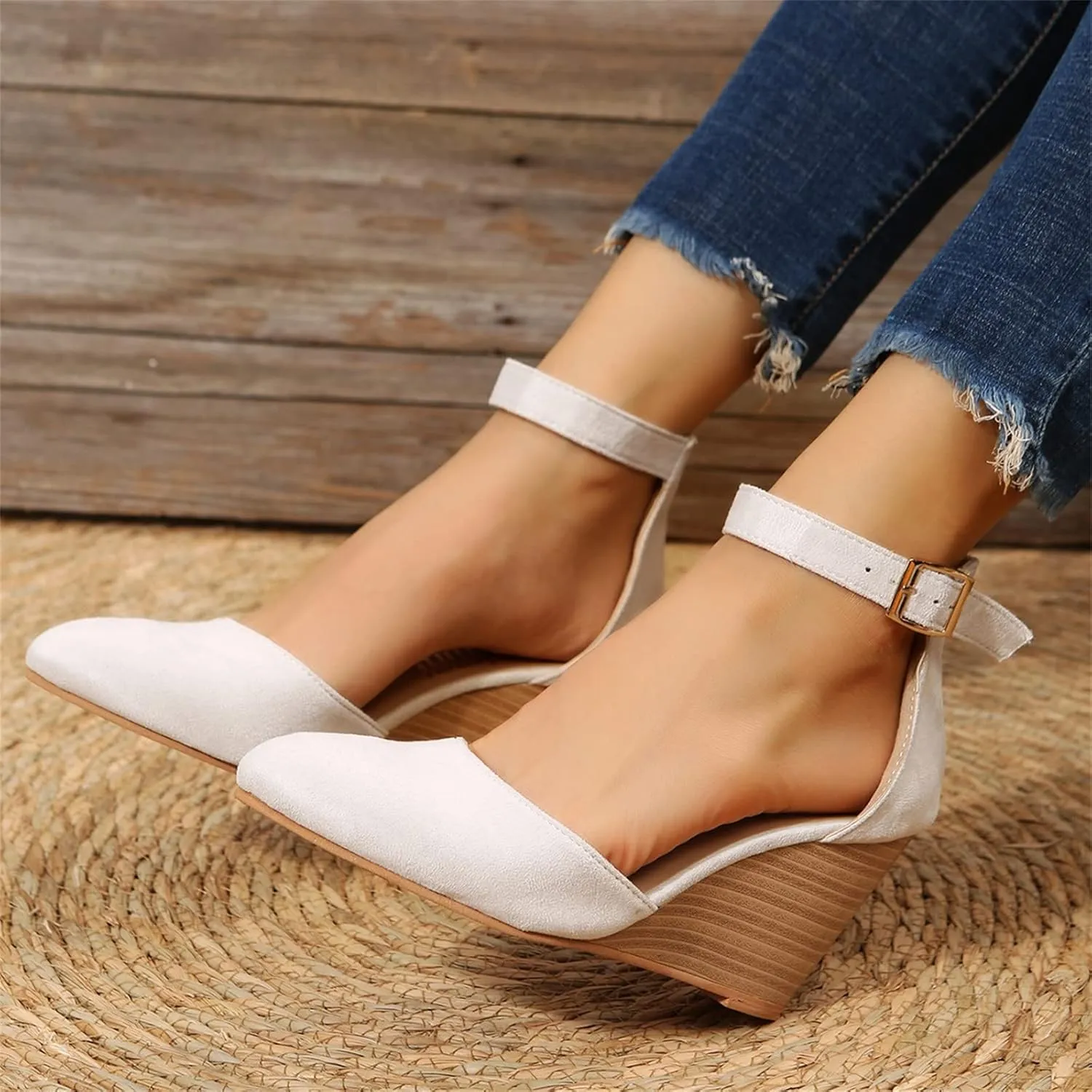 SuanlaTDS Closed Toe Wedge Sandals for Women 2025 Dressy Pointed-toe Platform Buckle Ankle Strap High Heels Elegant Ladies Comfortable Summer Dress Shoes Beach Wedding Wedges Sandal Pum-ps