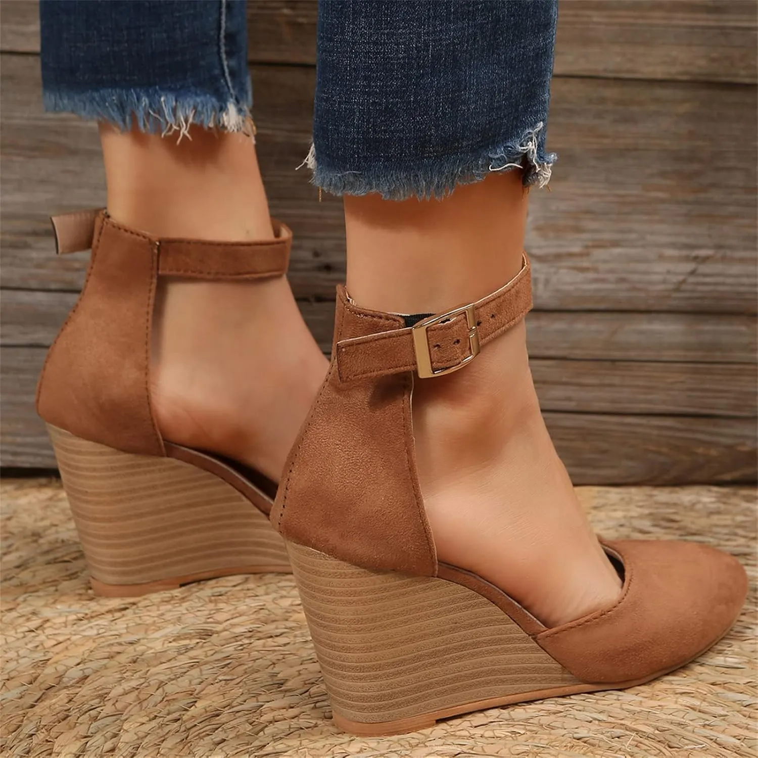 SuanlaTDS Closed Toe Wedge Sandals for Women 2025 Dressy Pointed-toe Platform Buckle Ankle Strap High Heels Elegant Ladies Comfortable Summer Dress Shoes Beach Wedding Wedges Sandal Pum-ps
